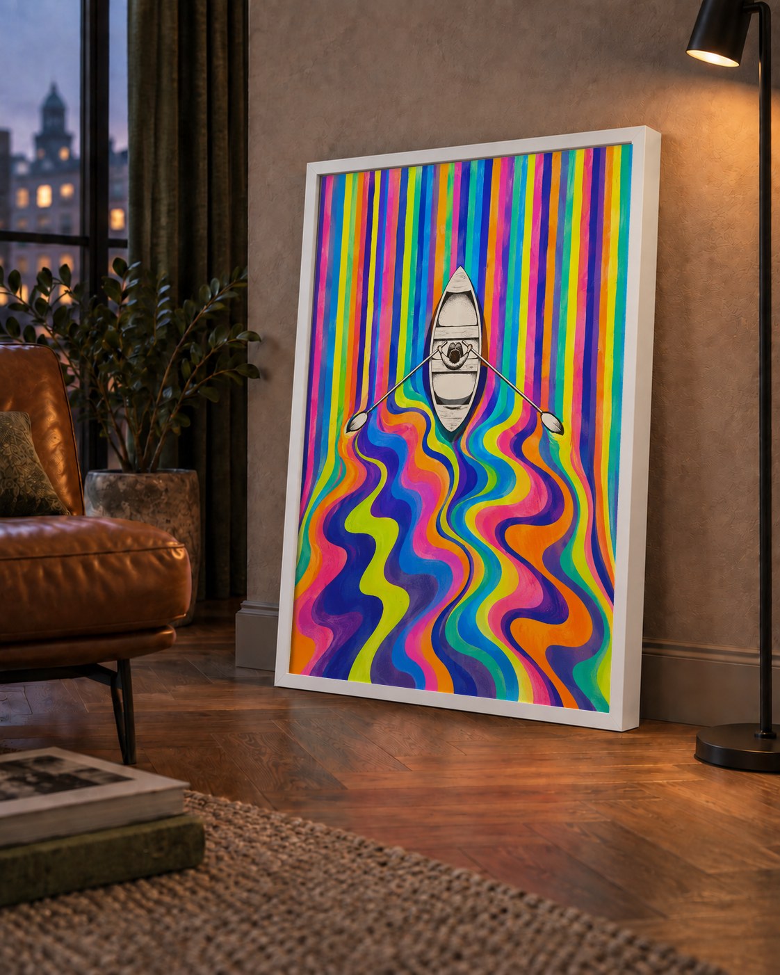 Renkli Soyut Kayık ve Dalgalar Modern Poster — çerçeveli hâliyle bir ev duvarında