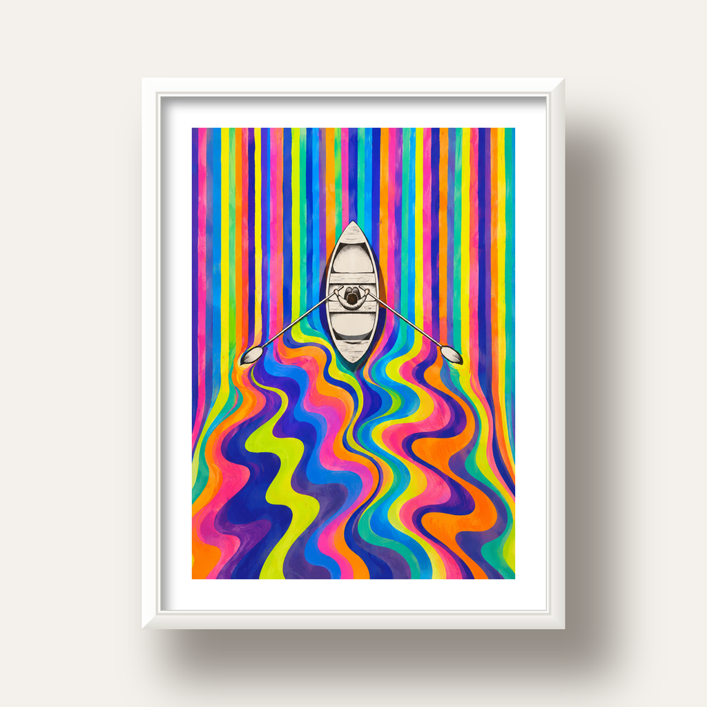 Renkli Soyut Kayık ve Dalgalar Modern Poster — beyaz derin çerçeveli paspartulu