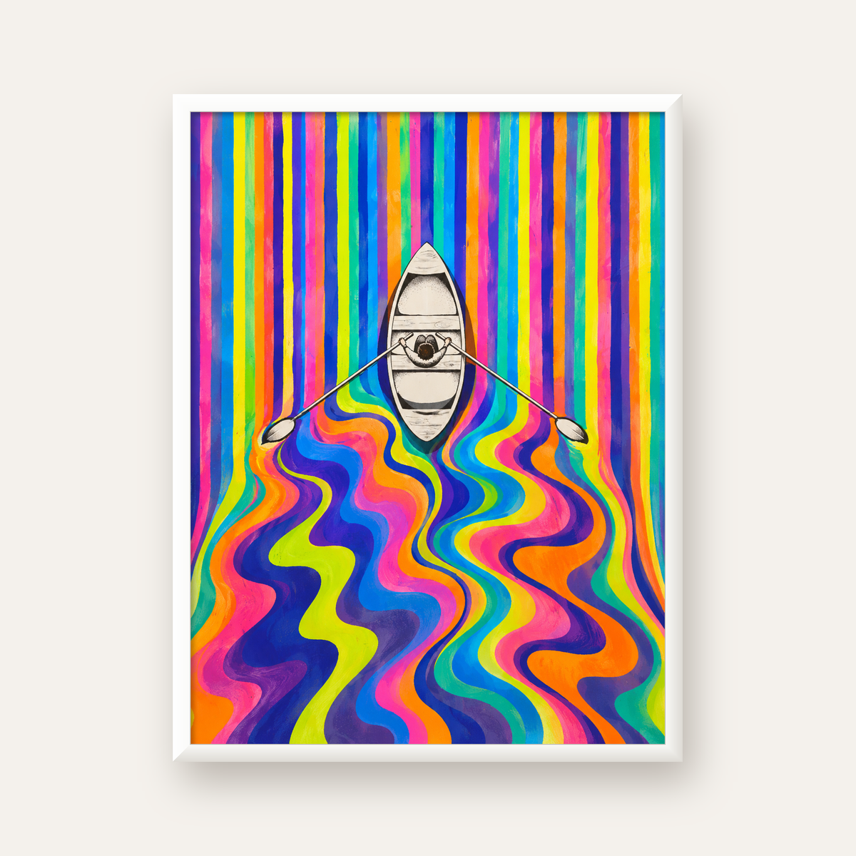 Renkli Soyut Kayık ve Dalgalar Modern Poster — beyaz çerçeveli dikey poster