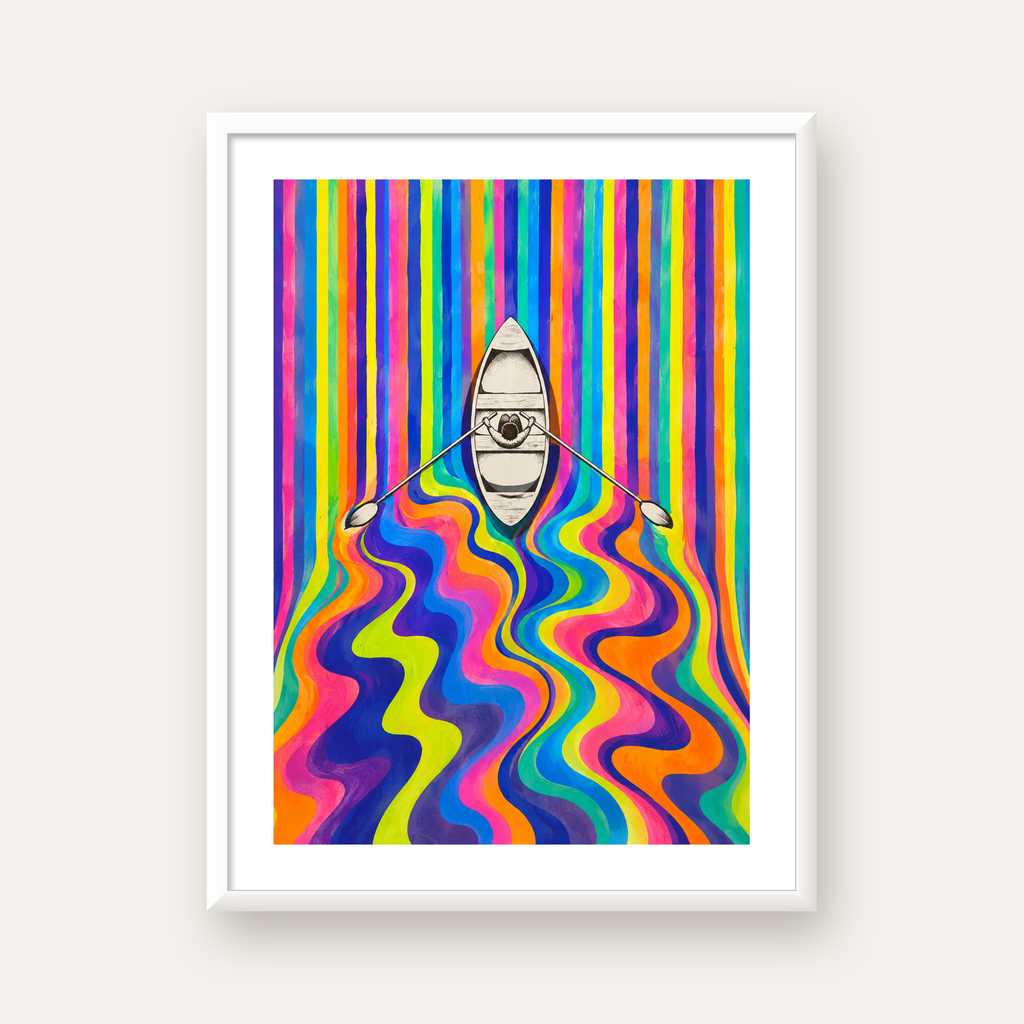 Renkli Soyut Kayık ve Dalgalar Modern Poster — beyaz çerçeveli dikey poster