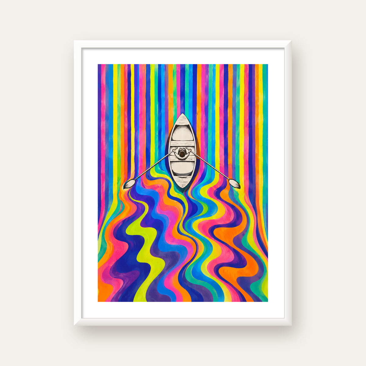 Renkli Soyut Kayık ve Dalgalar Modern Poster — beyaz çerçeveli dikey poster