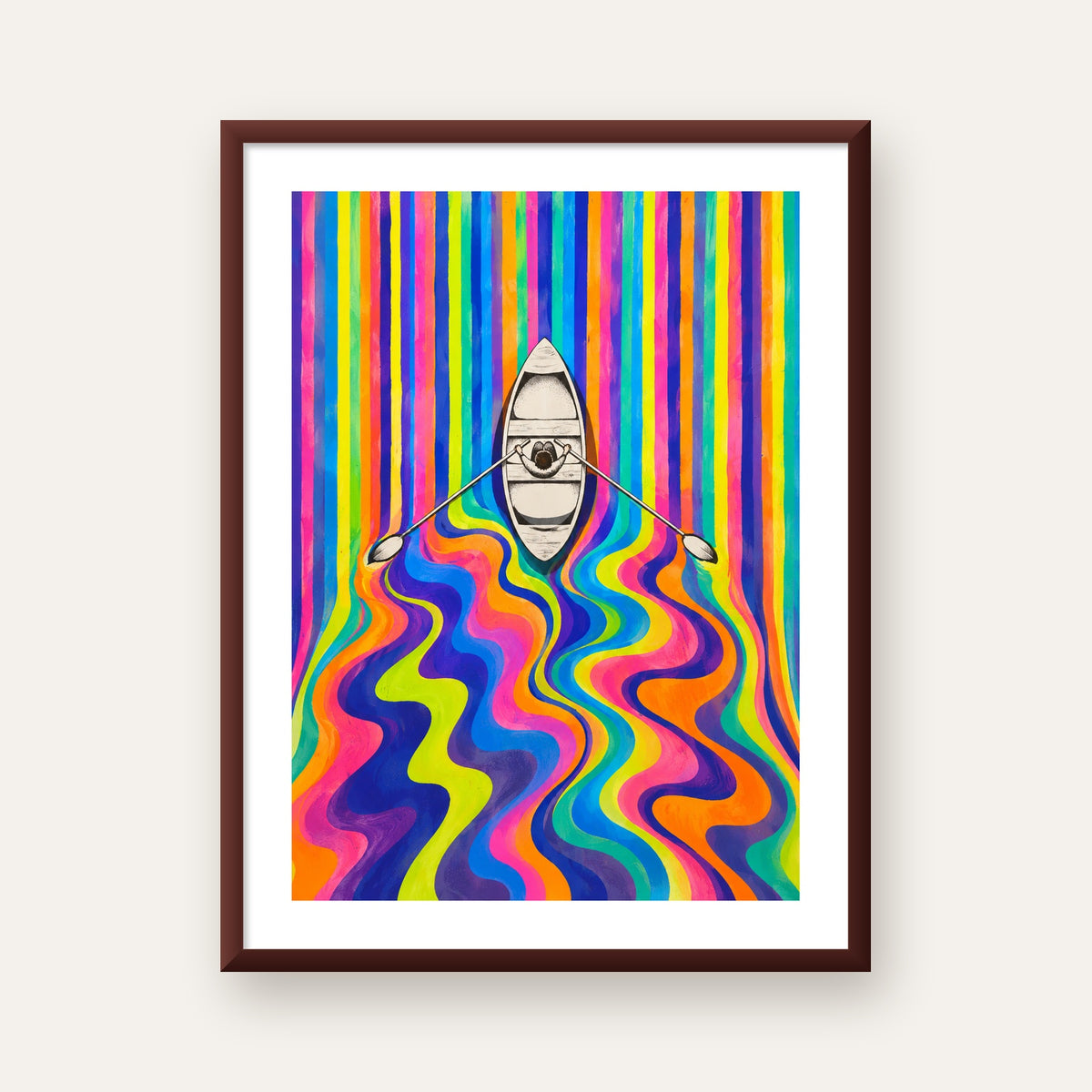 Renkli Soyut Kayık ve Dalgalar Modern Poster — ceviz çerçeveli paspartulu