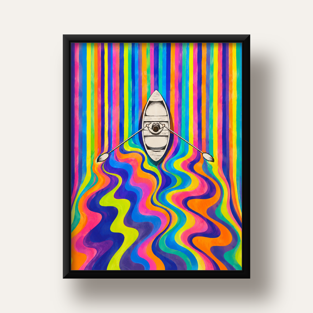Renkli Soyut Kayık ve Dalgalar Modern Poster — siyah derin çerçeveli
