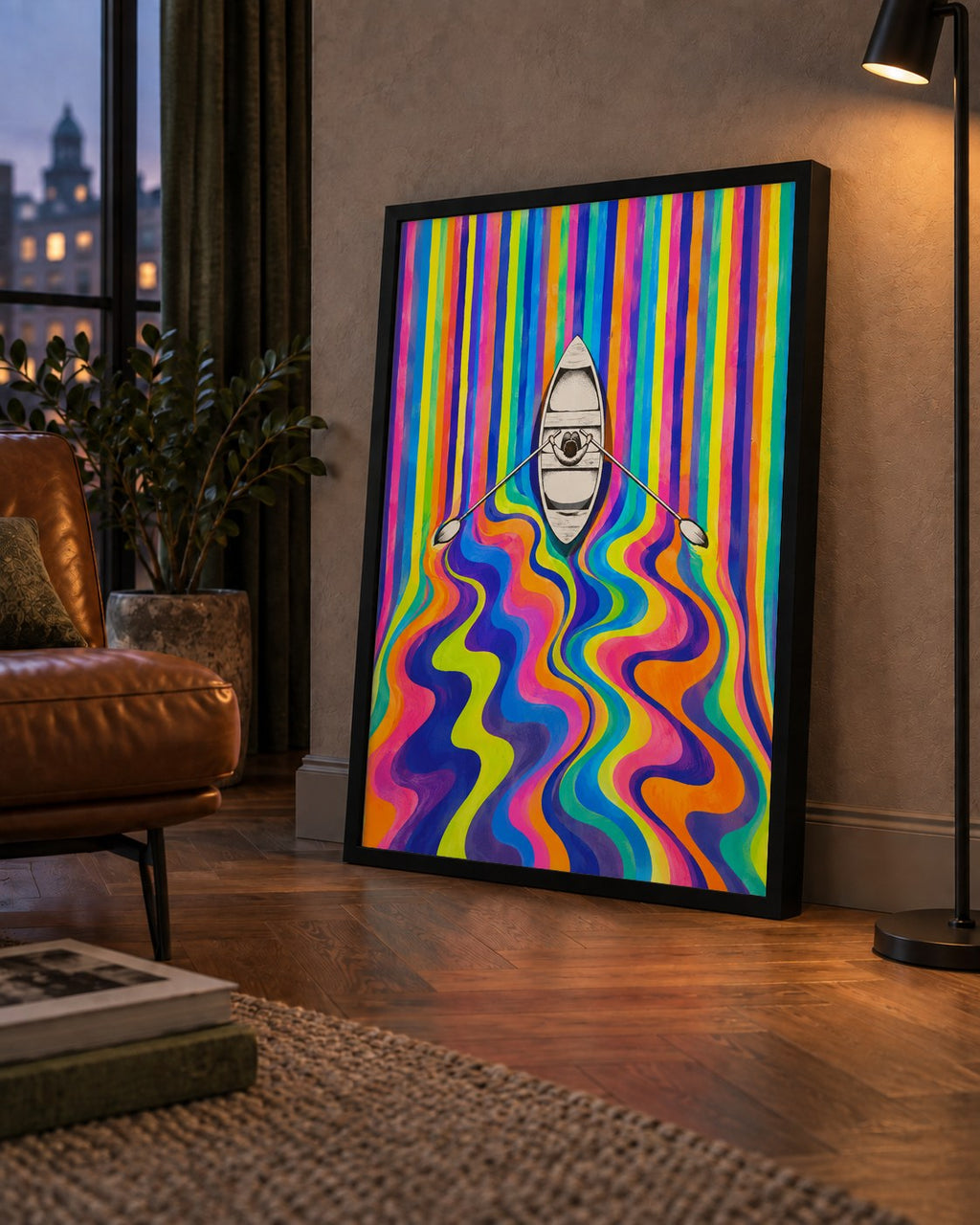 Renkli Soyut Kayık ve Dalgalar Modern Poster — çerçeveli hâliyle bir ev duvarında
