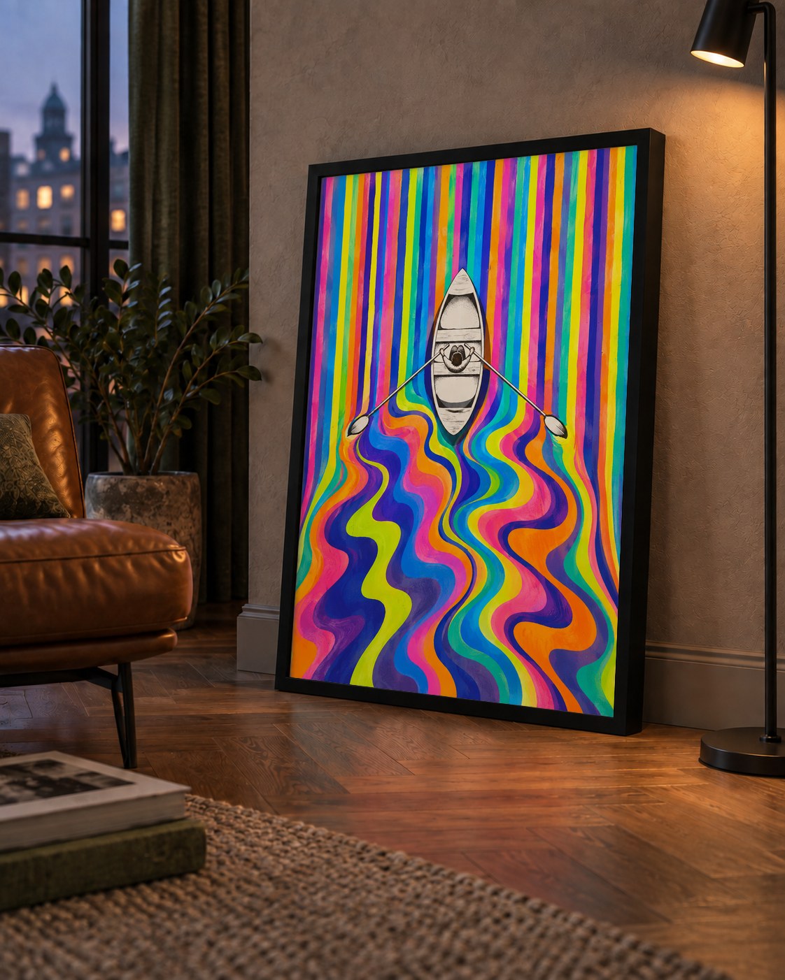 Renkli Soyut Kayık ve Dalgalar Modern Poster — çerçeveli hâliyle bir ev duvarında