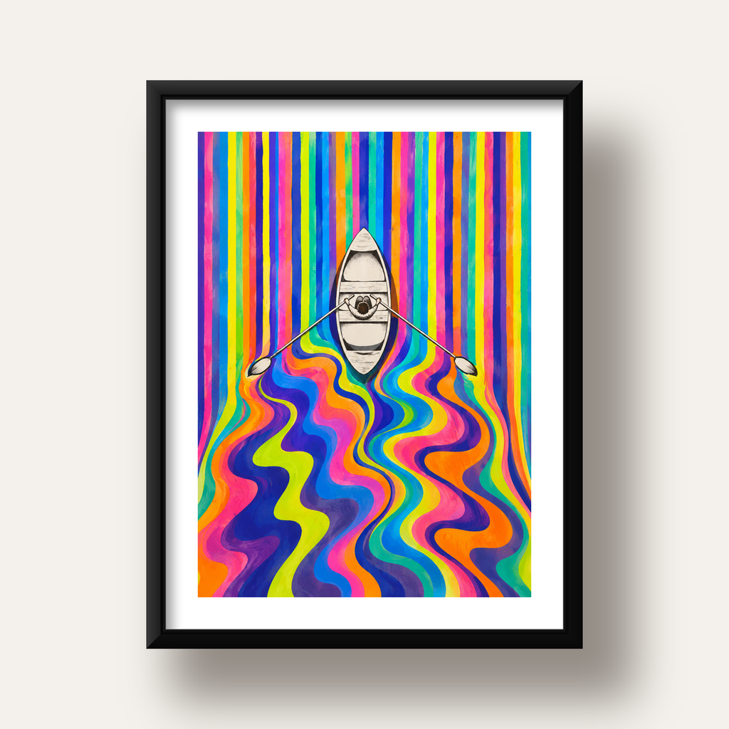 Renkli Soyut Kayık ve Dalgalar Modern Poster — siyah derin çerçeveli paspartulu