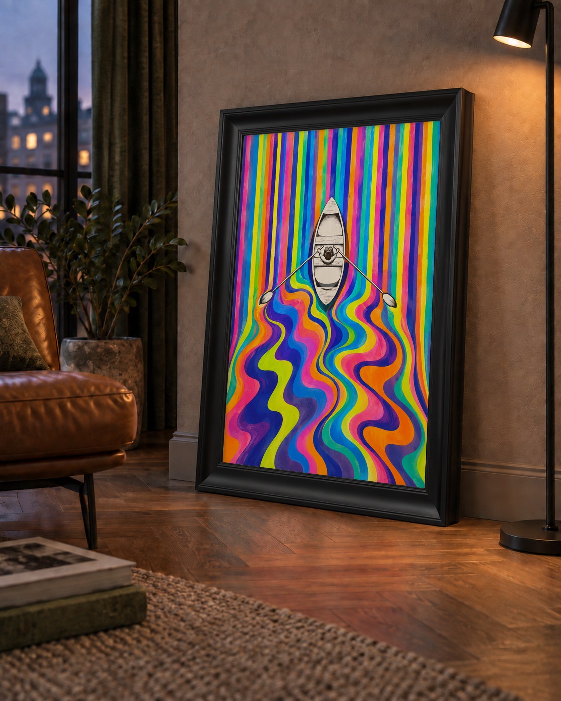 Renkli Soyut Kayık ve Dalgalar Modern Poster — çerçeveli hâliyle bir ev duvarında