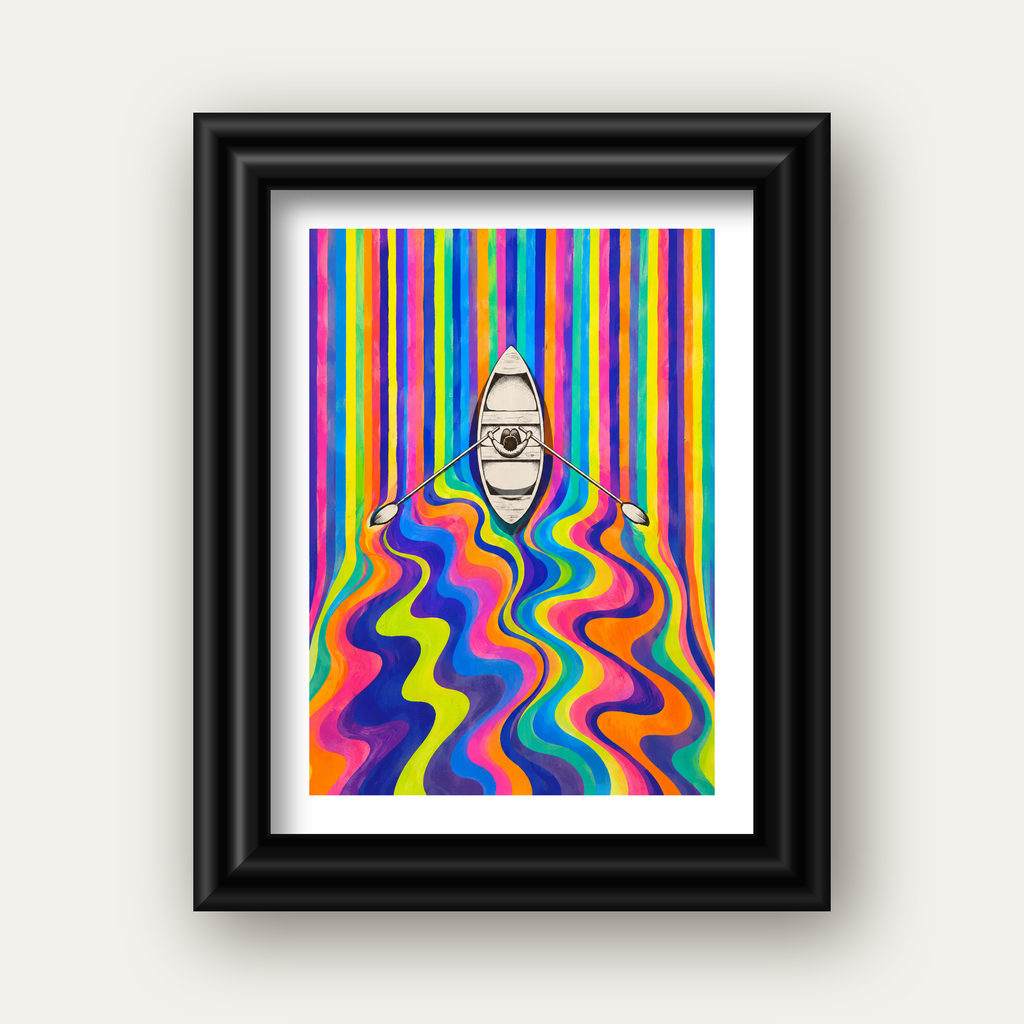 Renkli Soyut Kayık ve Dalgalar Modern Poster — siyah galeri çerçeveli paspartulu