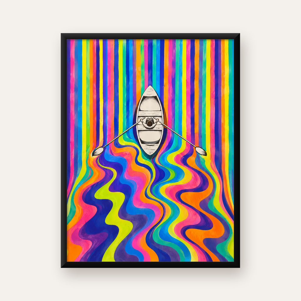 Renkli Soyut Kayık ve Dalgalar Modern Poster — Dikey baskı, düz siyah çerçeveli duvar posteri