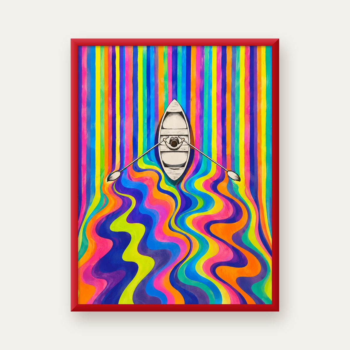 Renkli Soyut Kayık ve Dalgalar Modern Poster — kırmızı çerçeveli
