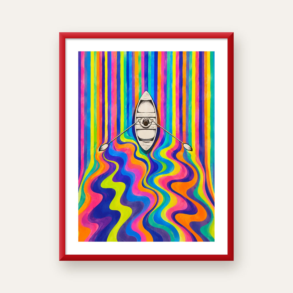 Renkli Soyut Kayık ve Dalgalar Modern Poster — kırmızı çerçeveli paspartulu