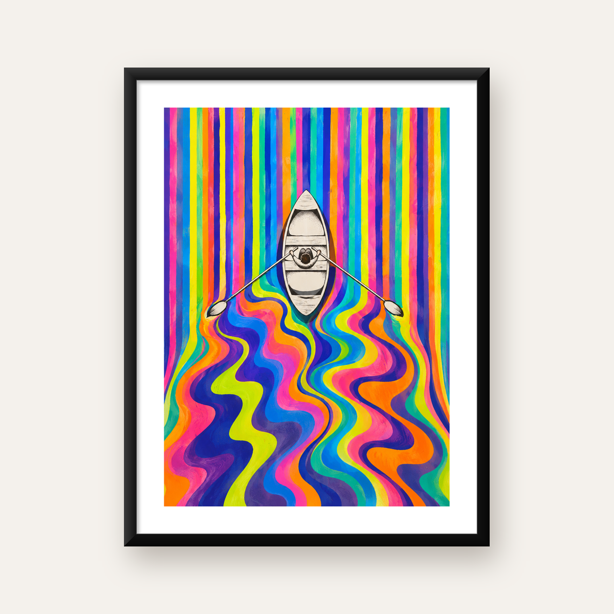 Renkli Soyut Kayık ve Dalgalar Modern Poster — Dikey baskı, beyaz paspartulu