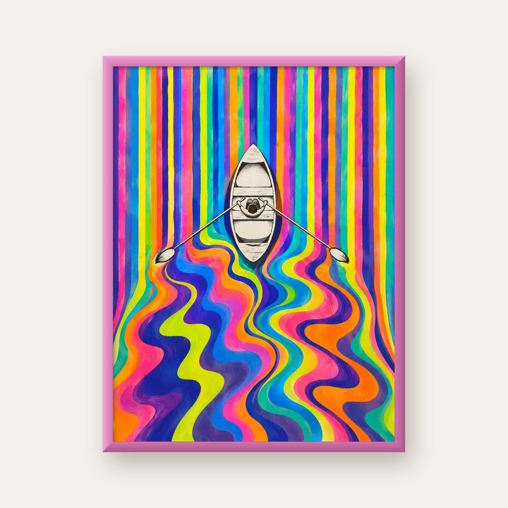 Renkli Soyut Kayık ve Dalgalar Modern Poster — pembe çerçeveli