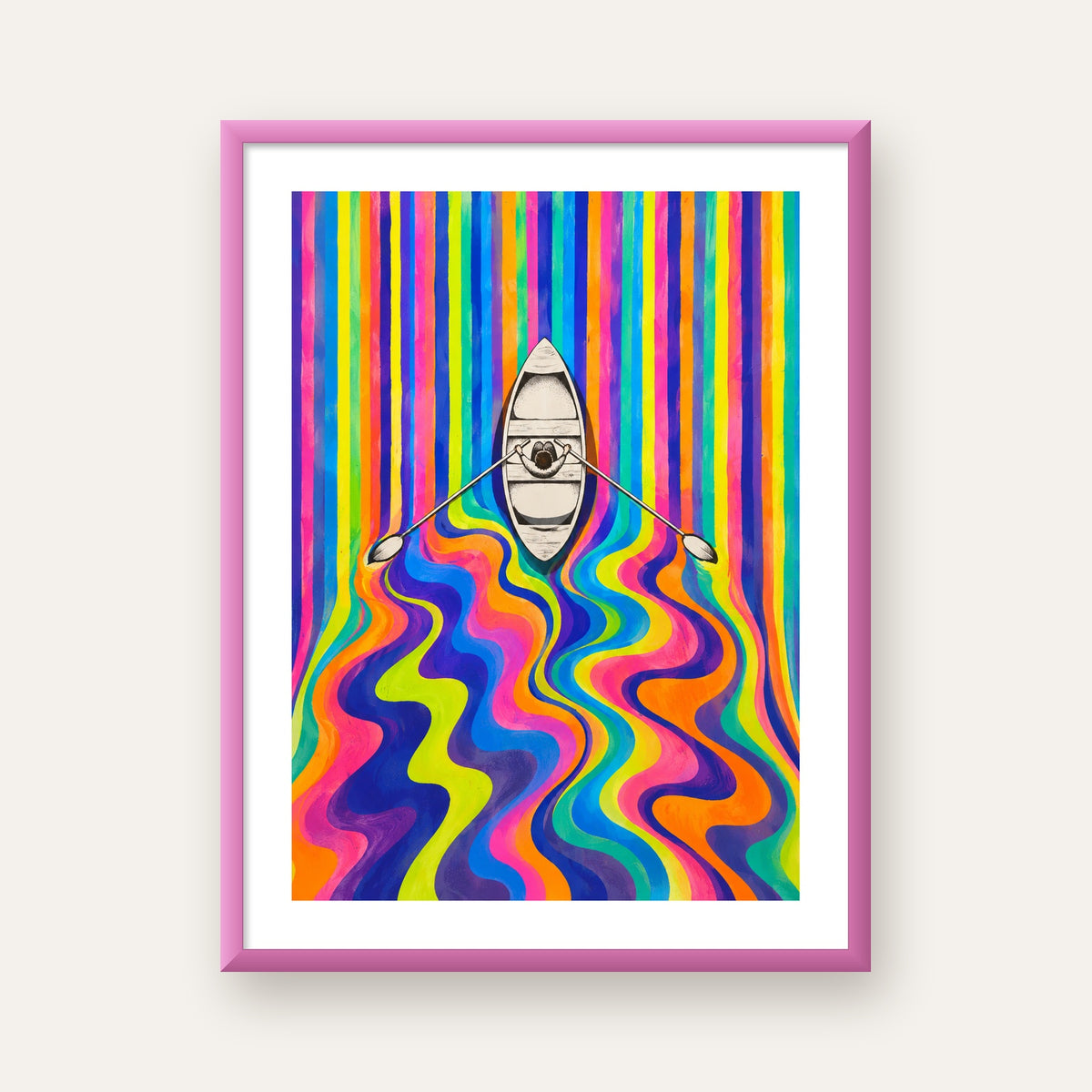 Renkli Soyut Kayık ve Dalgalar Modern Poster — pembe çerçeveli paspartulu