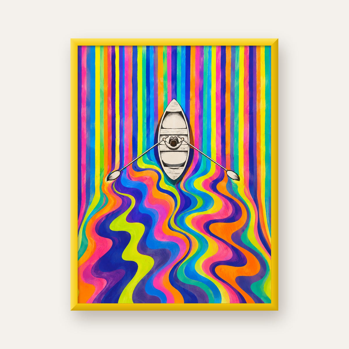 Renkli Soyut Kayık ve Dalgalar Modern Poster — sarı çerçeveli