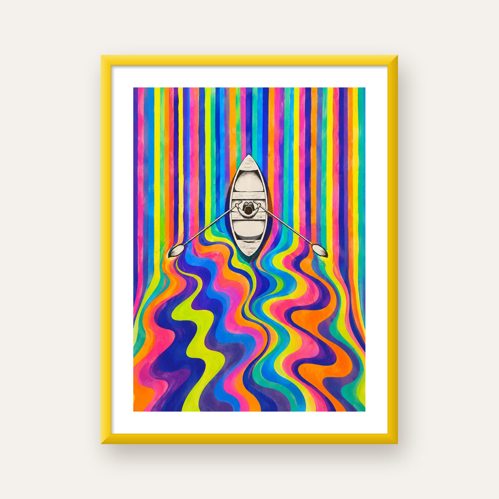 Renkli Soyut Kayık ve Dalgalar Modern Poster — sarı çerçeveli paspartulu