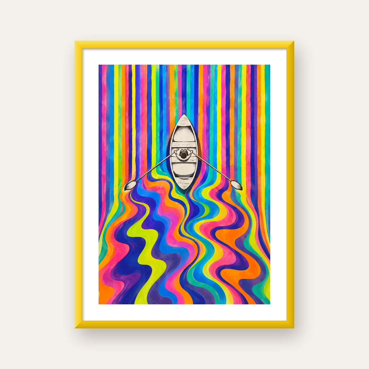 Renkli Soyut Kayık ve Dalgalar Modern Poster — sarı çerçeveli paspartulu
