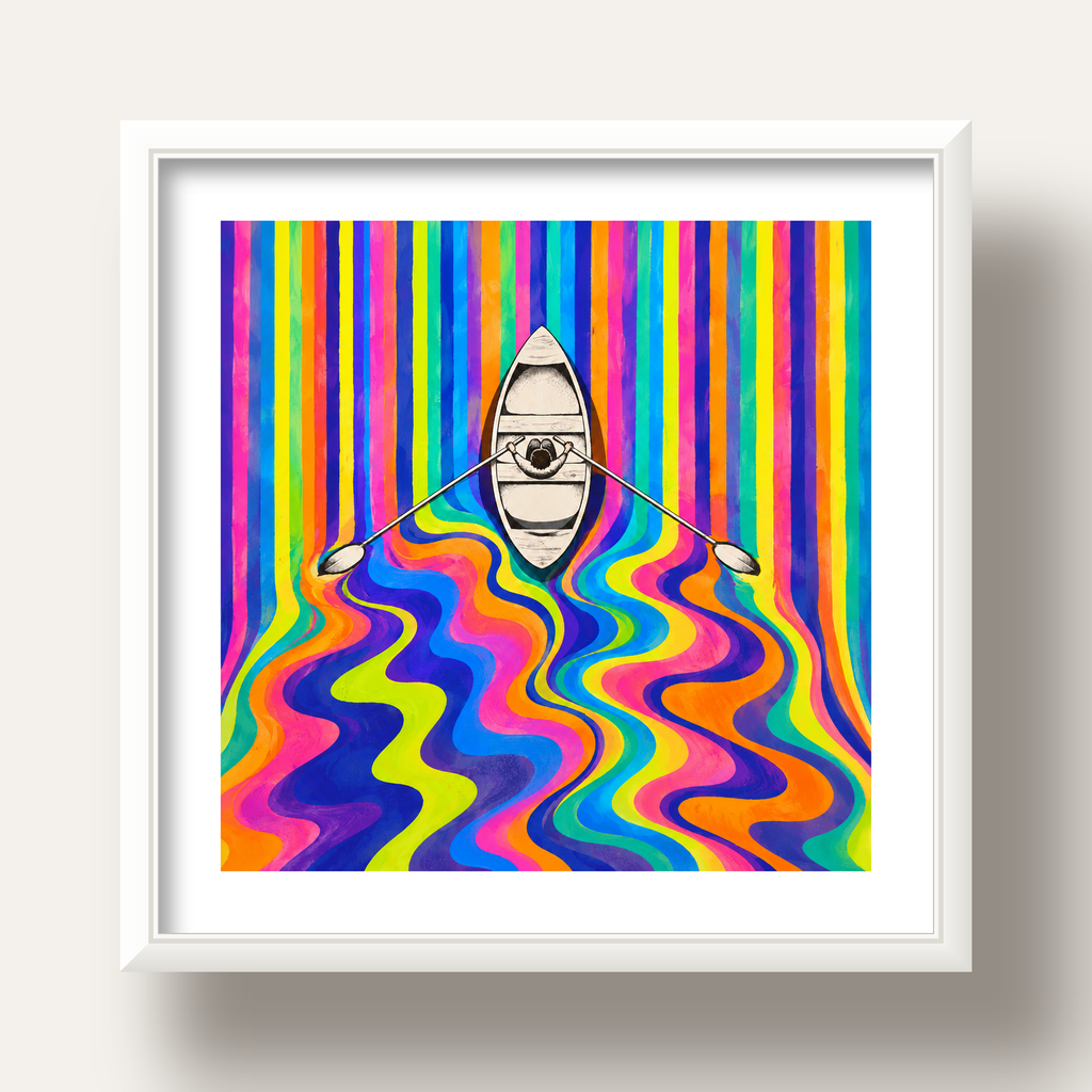 Renkli Soyut Kayık ve Dalgalar Modern Poster — beyaz derin çerçeveli paspartulu