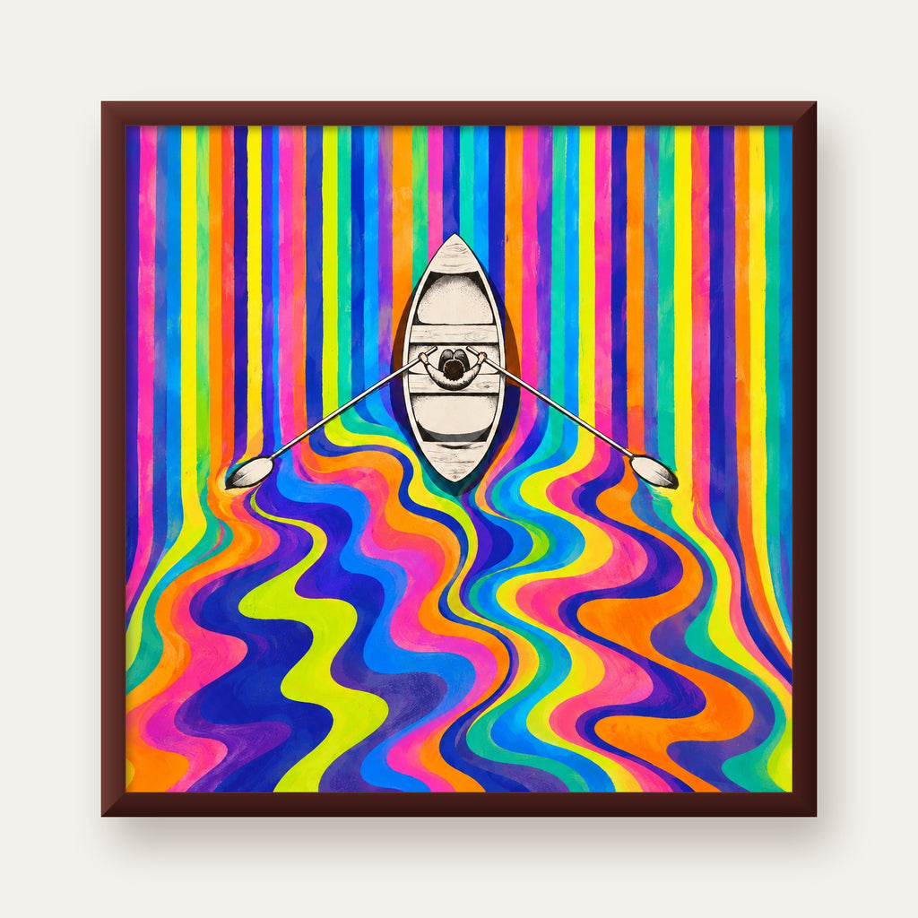 Renkli Soyut Kayık ve Dalgalar Modern Poster — ceviz çerçeveli