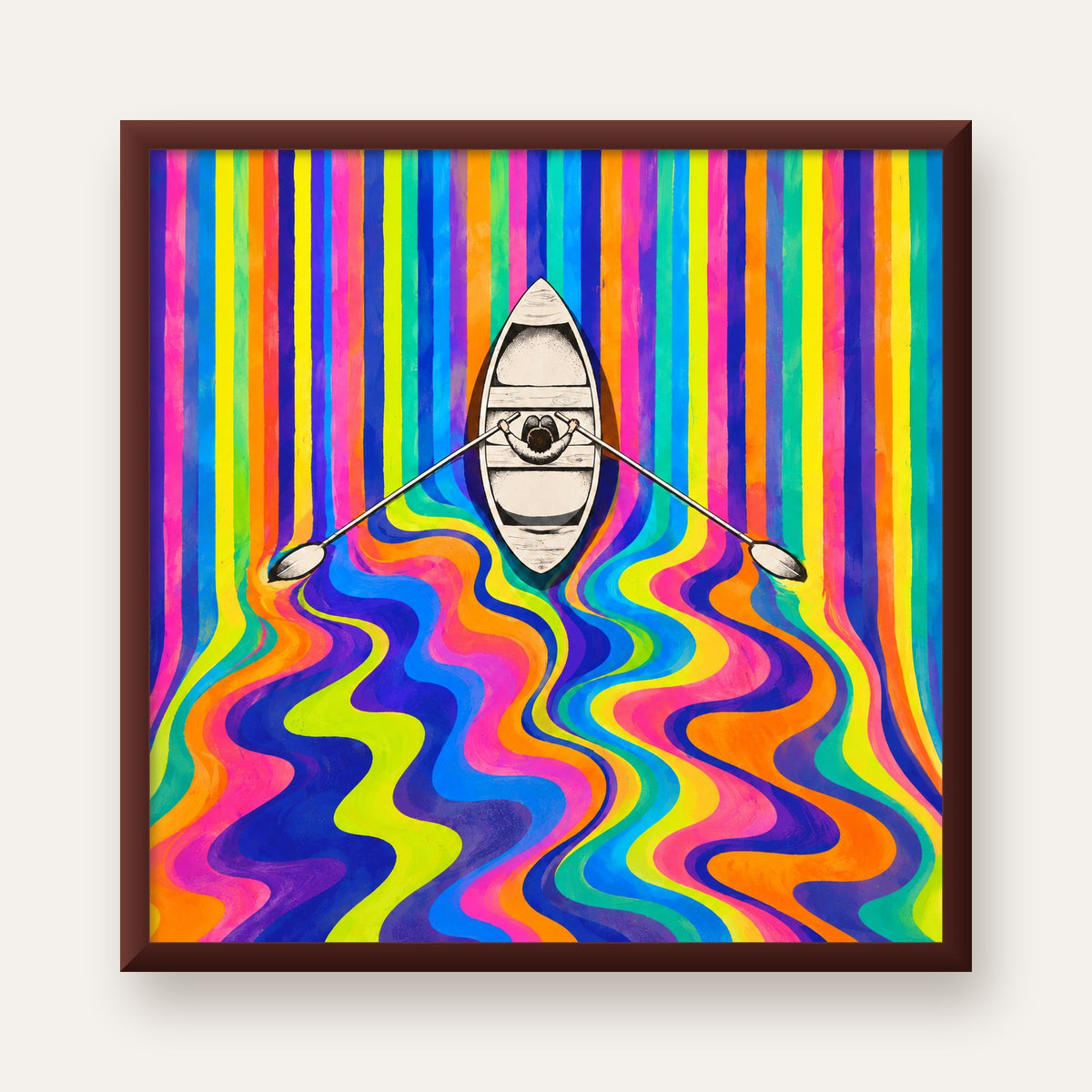 Renkli Soyut Kayık ve Dalgalar Modern Poster — ceviz çerçeveli