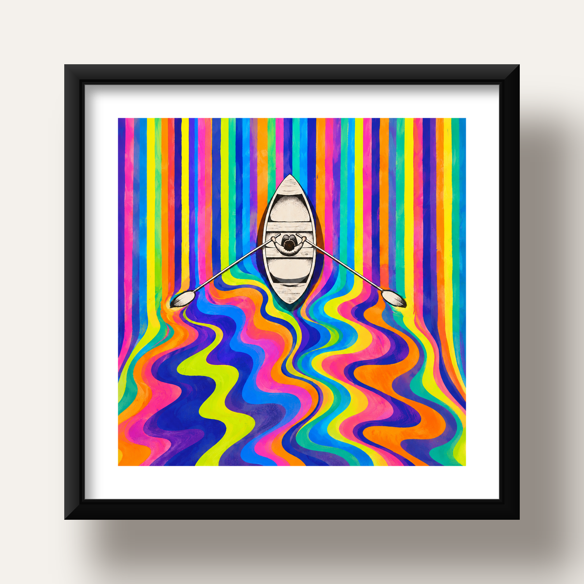 Renkli Soyut Kayık ve Dalgalar Modern Poster — siyah derin çerçeveli paspartulu