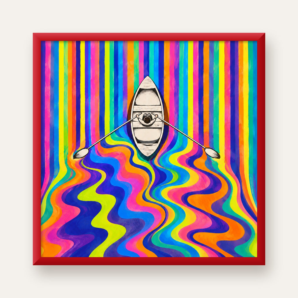 Renkli Soyut Kayık ve Dalgalar Modern Poster — kırmızı çerçeveli