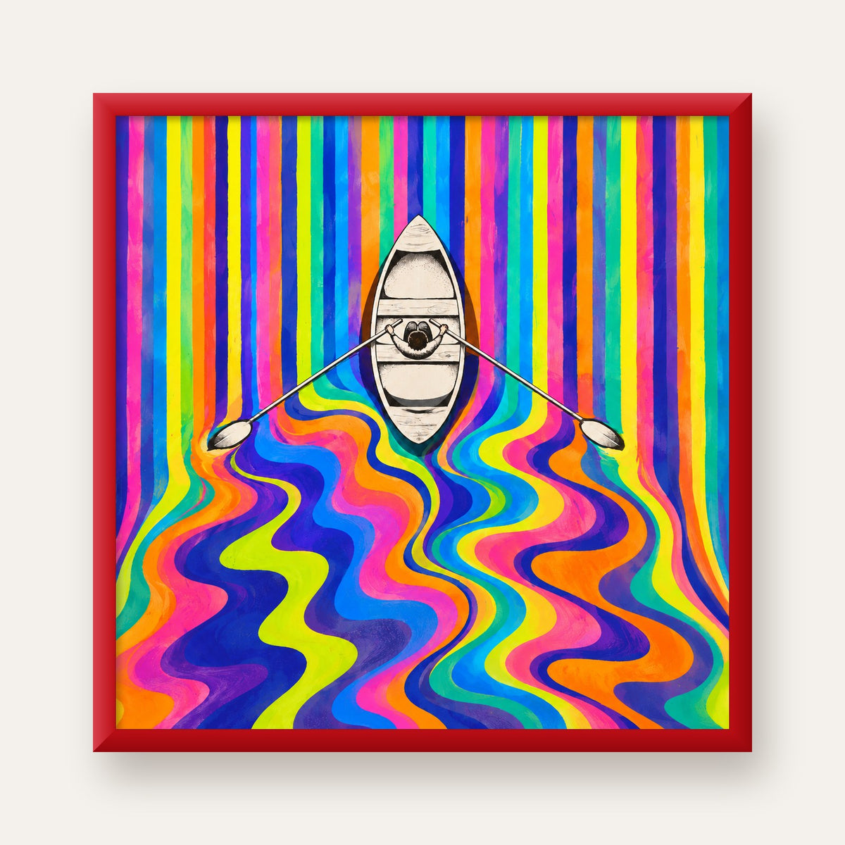 Renkli Soyut Kayık ve Dalgalar Modern Poster — kırmızı çerçeveli