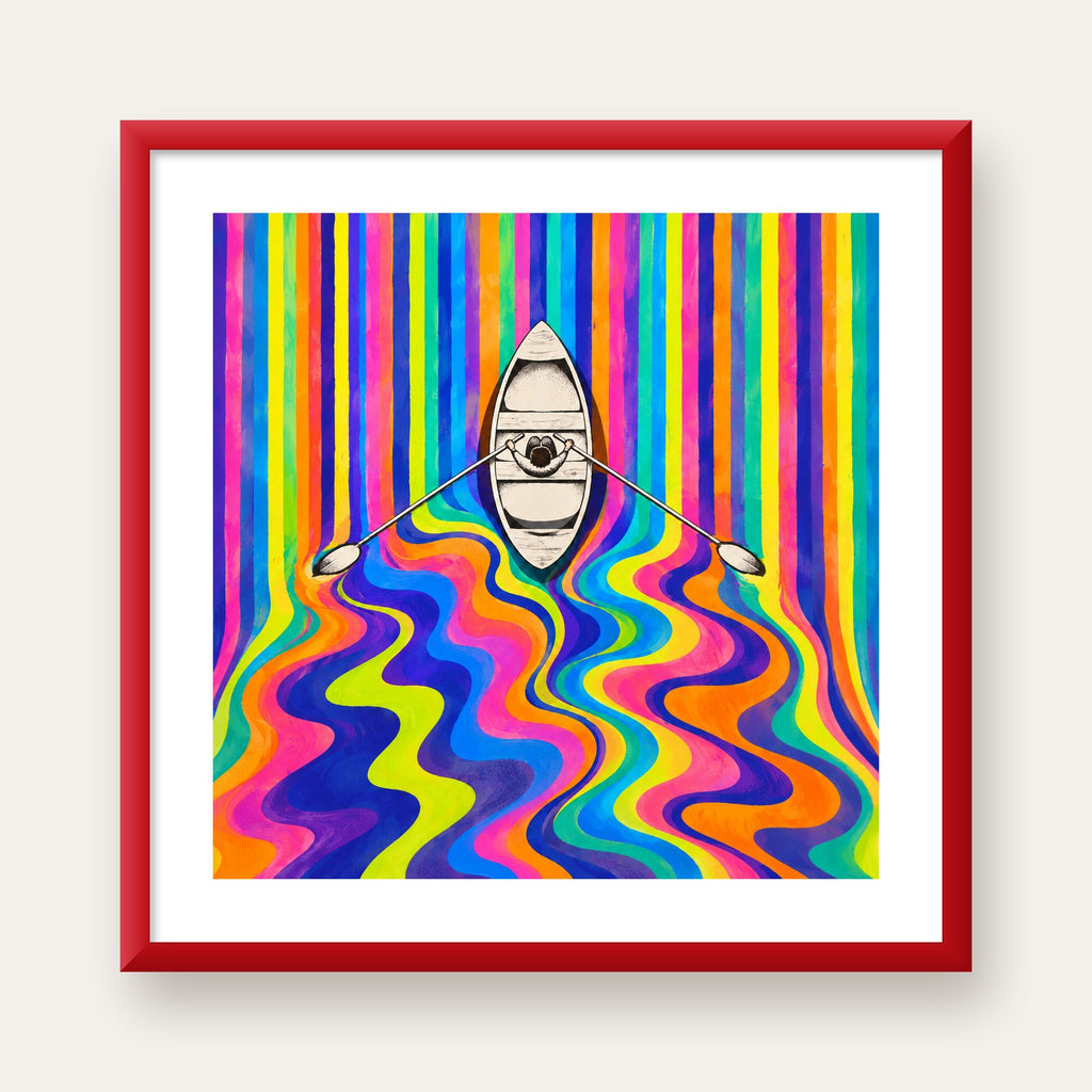 Renkli Soyut Kayık ve Dalgalar Modern Poster — kırmızı çerçeveli paspartulu