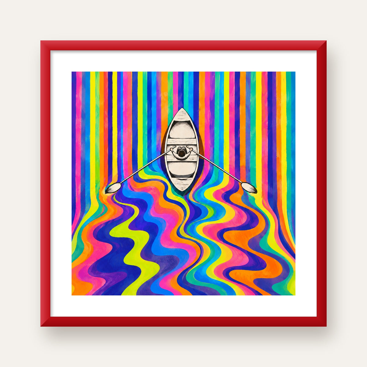Renkli Soyut Kayık ve Dalgalar Modern Poster — kırmızı çerçeveli paspartulu