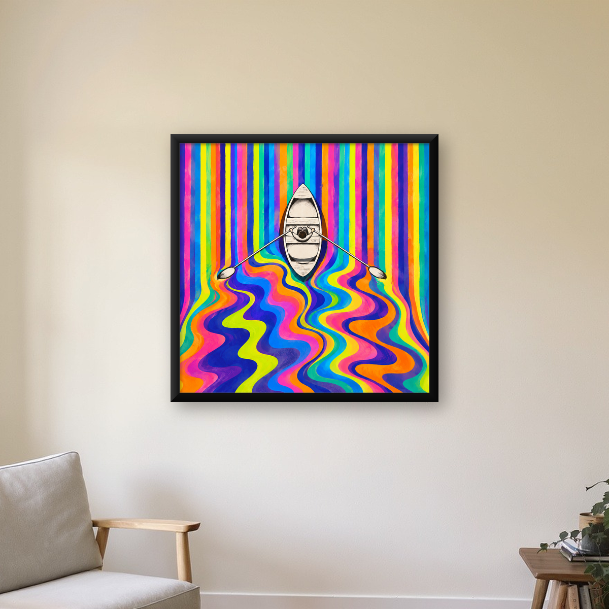 Renkli Soyut Kayık ve Dalgalar Modern Poster — Kare baskı, çerçeveli hâliyle bir ev duvarında