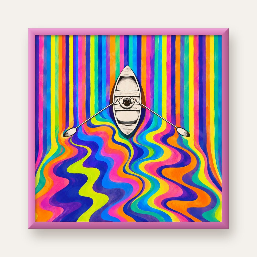 Renkli Soyut Kayık ve Dalgalar Modern Poster — pembe çerçeveli