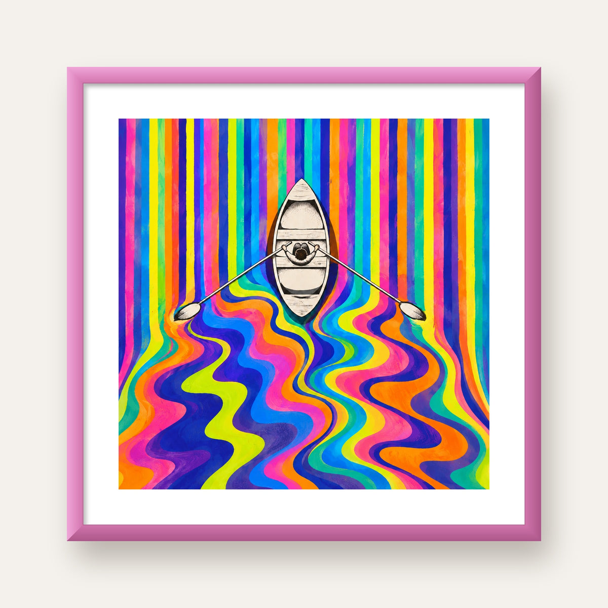 Renkli Soyut Kayık ve Dalgalar Modern Poster — pembe çerçeveli paspartulu