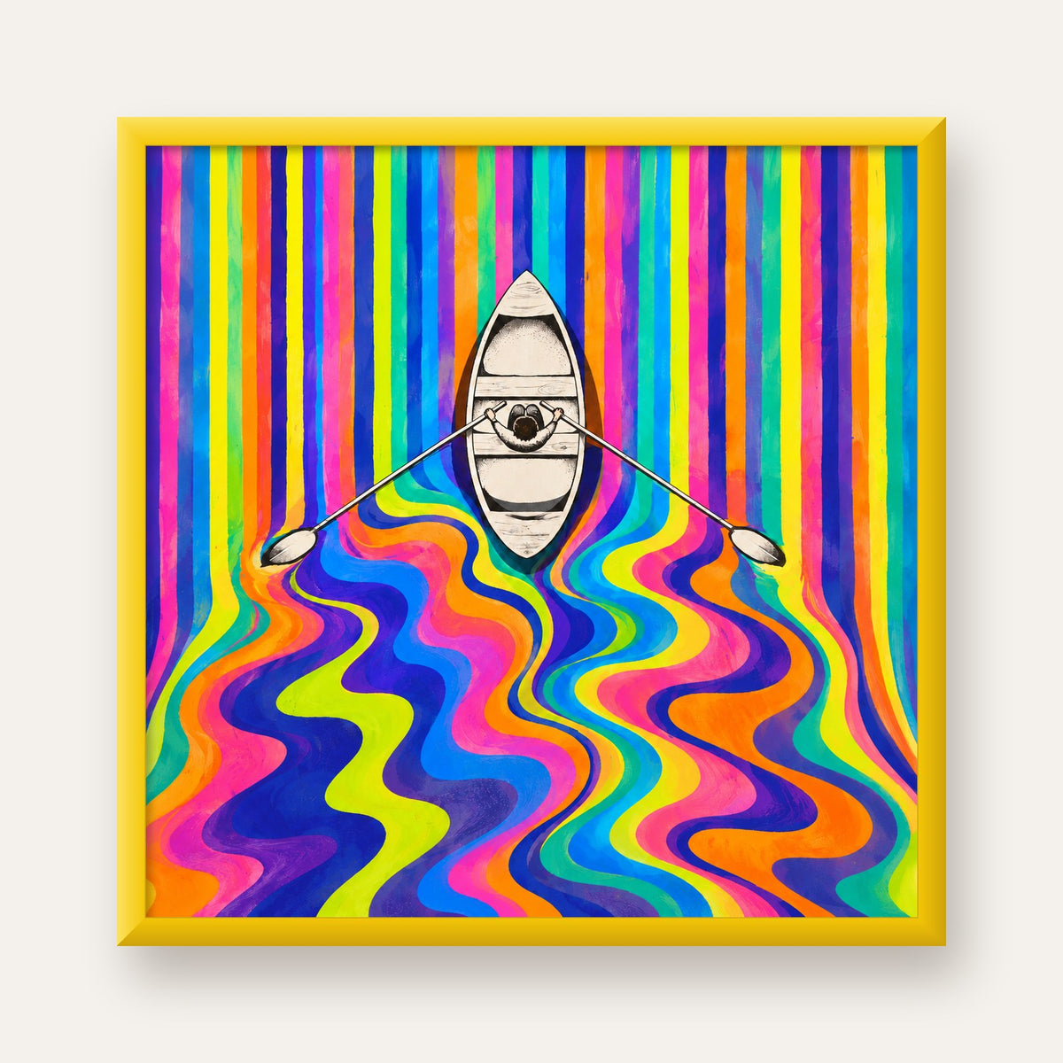 Renkli Soyut Kayık ve Dalgalar Modern Poster — sarı çerçeveli