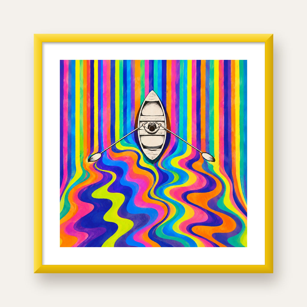 Renkli Soyut Kayık ve Dalgalar Modern Poster — sarı çerçeveli paspartulu