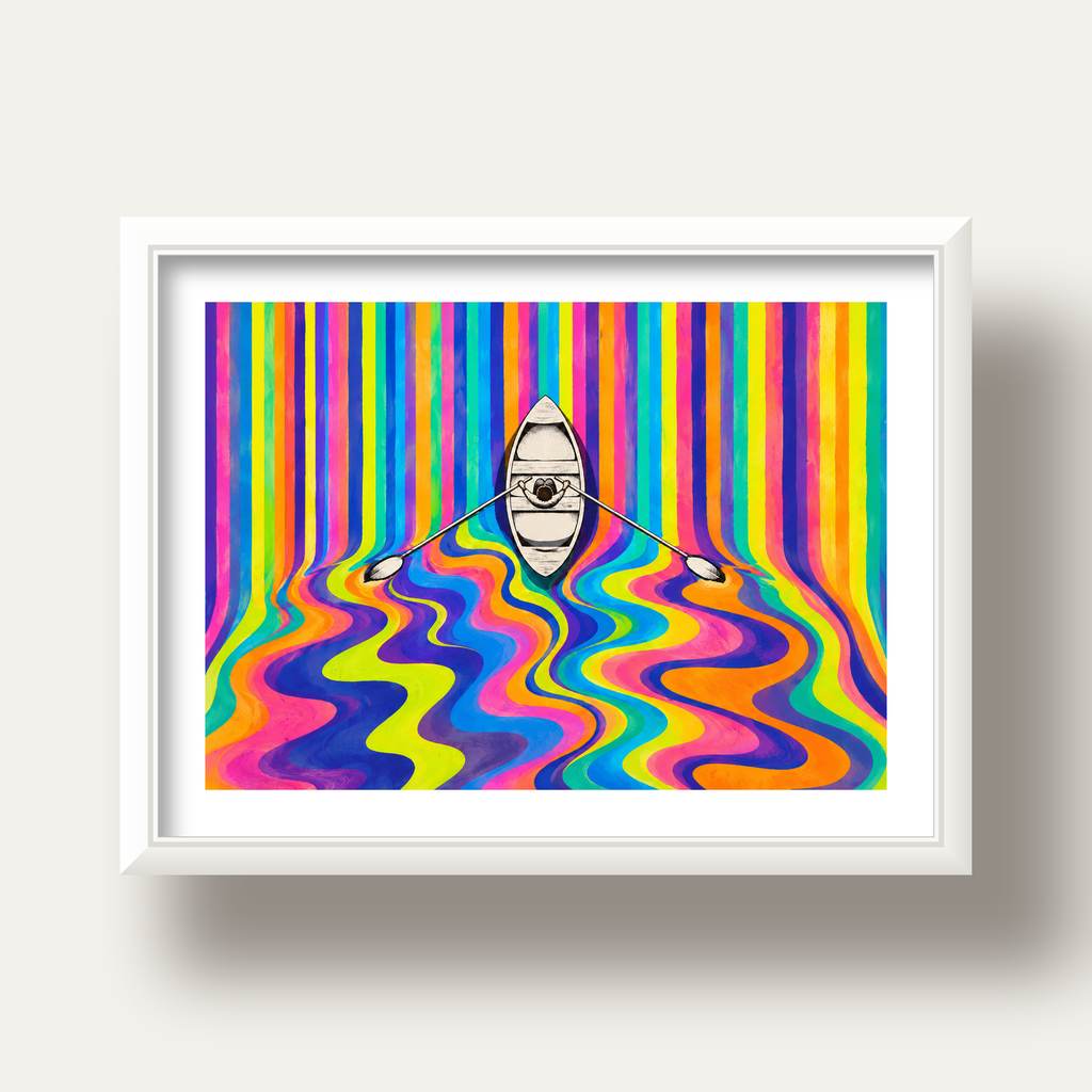 Renkli Soyut Kayık ve Dalgalar Modern Poster — beyaz derin çerçeveli paspartulu