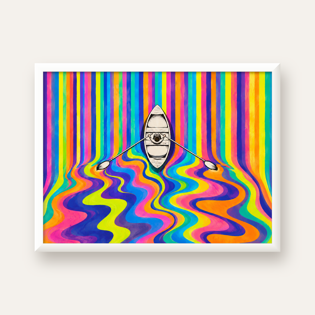 Renkli Soyut Kayık ve Dalgalar Modern Poster — beyaz çerçeveli yatay poster