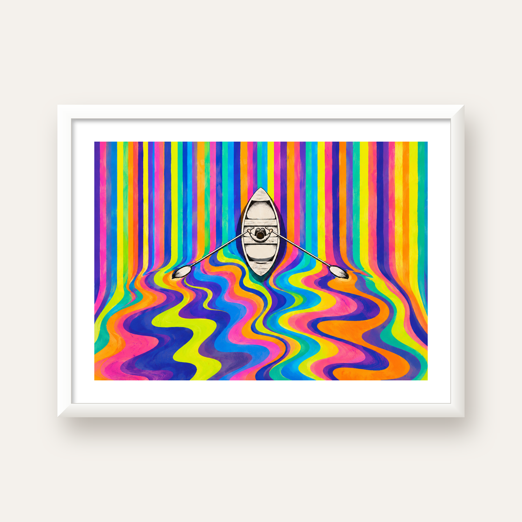 Renkli Soyut Kayık ve Dalgalar Modern Poster — beyaz çerçeveli yatay poster
