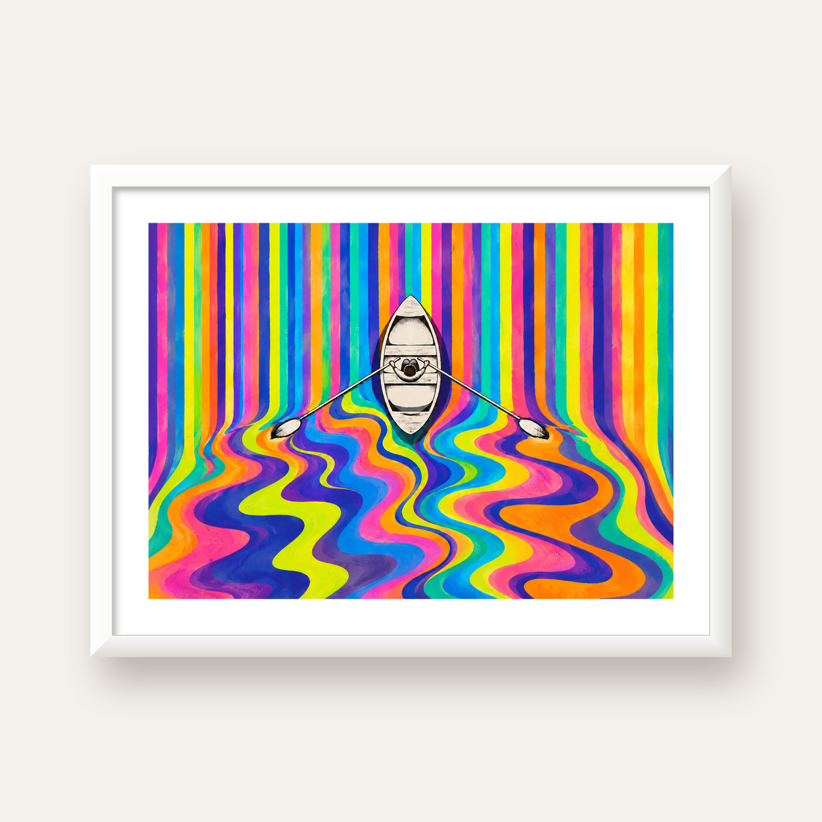 Renkli Soyut Kayık ve Dalgalar Modern Poster — beyaz çerçeveli yatay poster