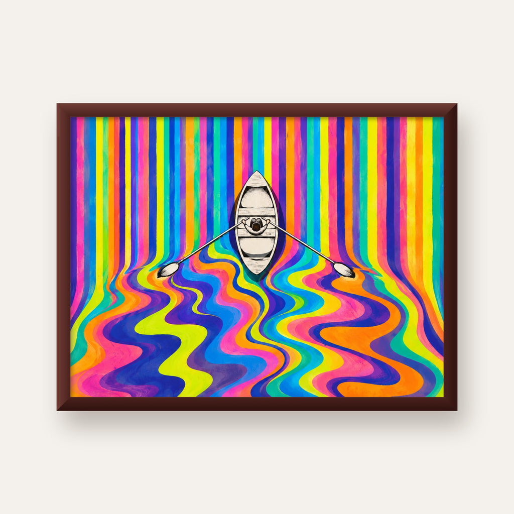 Renkli Soyut Kayık ve Dalgalar Modern Poster — ceviz çerçeveli