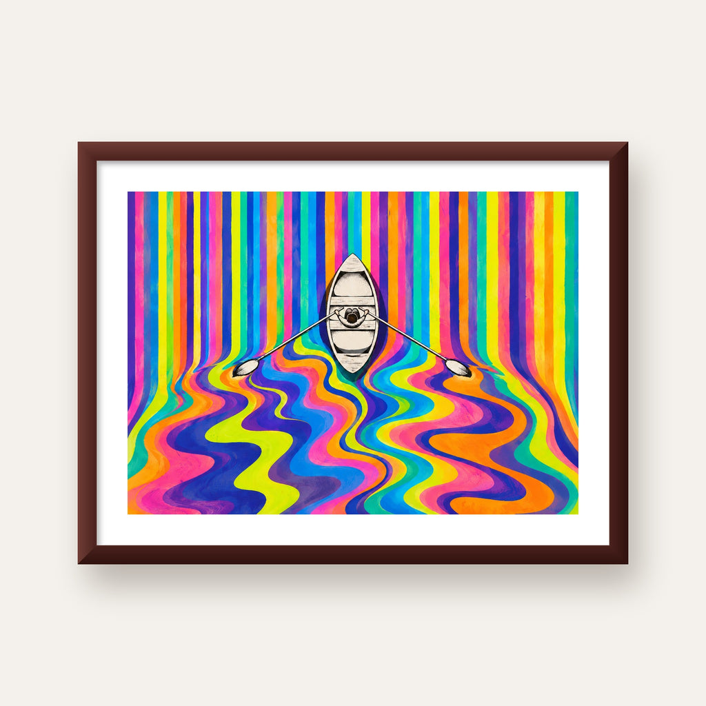 Renkli Soyut Kayık ve Dalgalar Modern Poster — ceviz çerçeveli paspartulu
