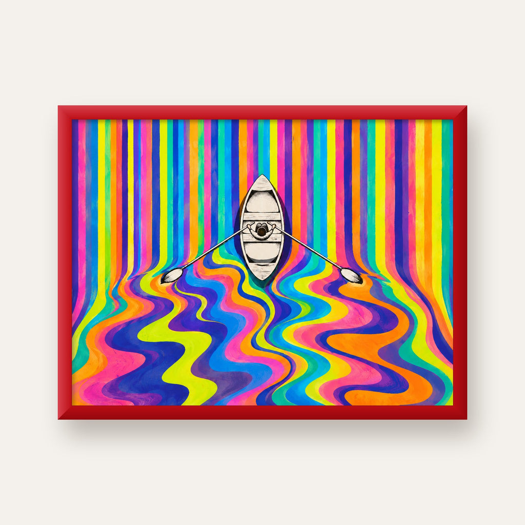 Renkli Soyut Kayık ve Dalgalar Modern Poster — kırmızı çerçeveli
