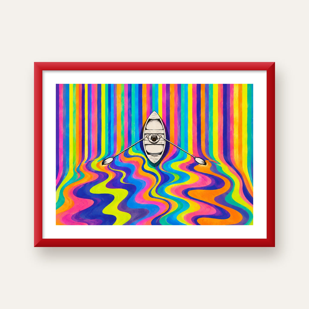 Renkli Soyut Kayık ve Dalgalar Modern Poster — kırmızı çerçeveli paspartulu