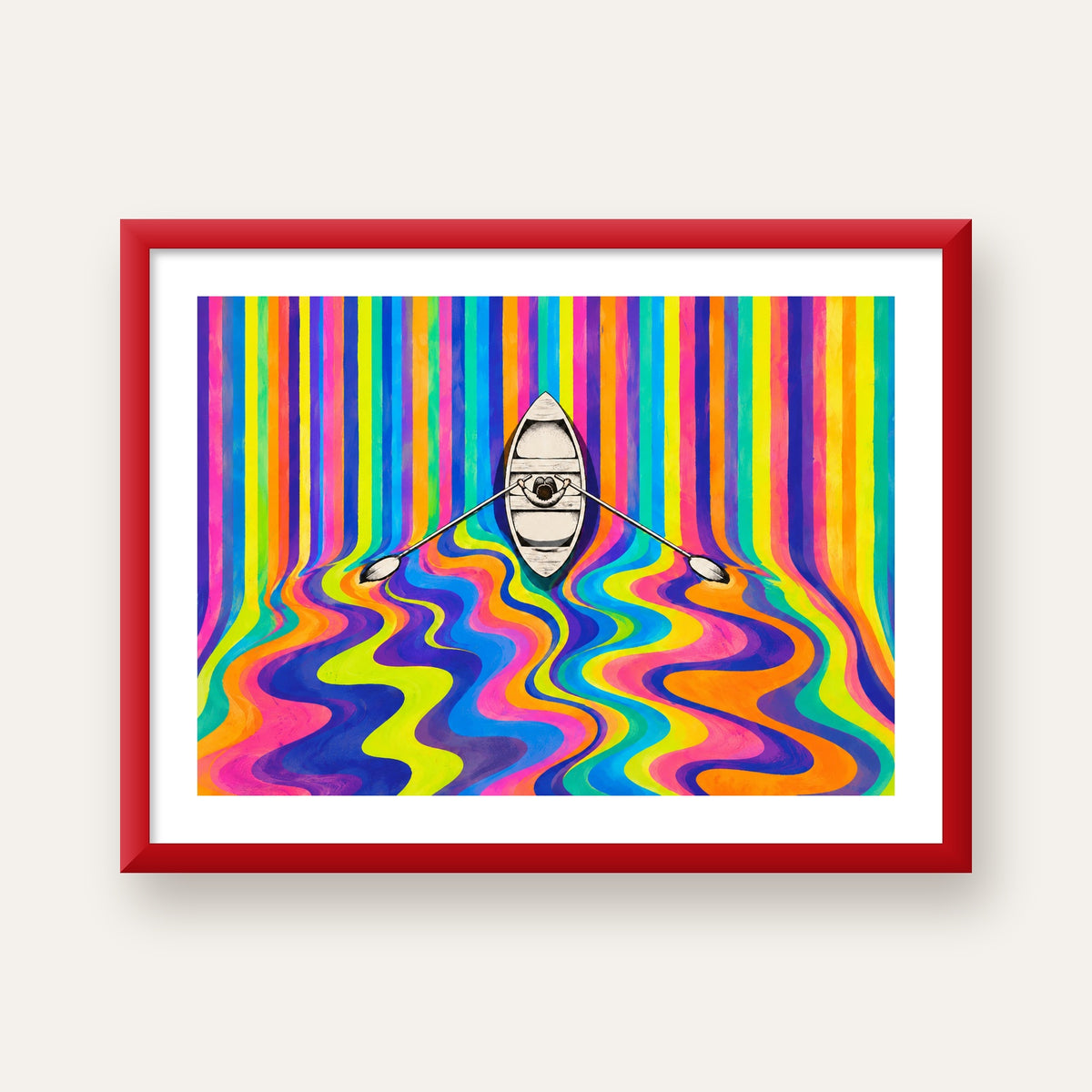 Renkli Soyut Kayık ve Dalgalar Modern Poster — kırmızı çerçeveli paspartulu