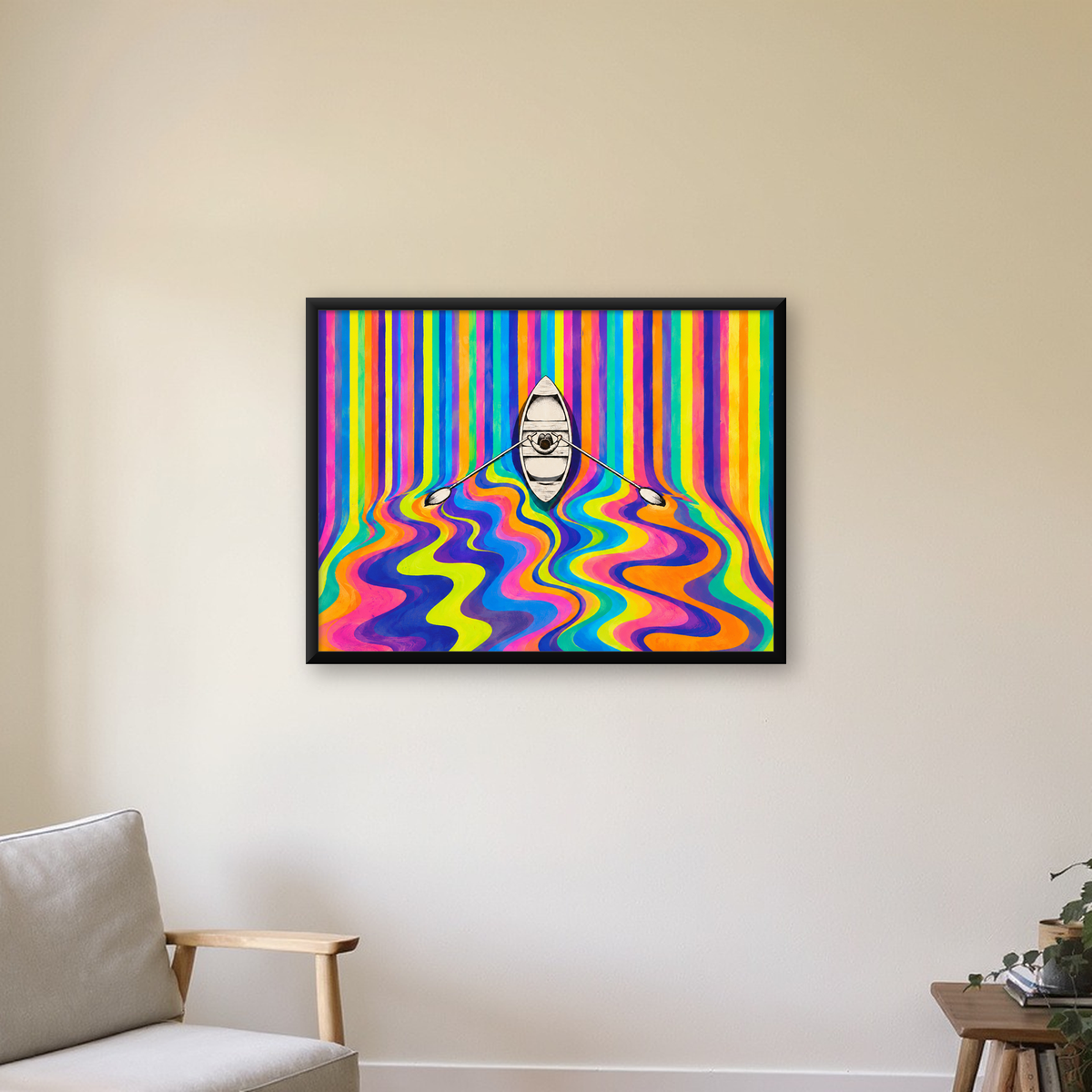 Renkli Soyut Kayık ve Dalgalar Modern Poster — Yatay baskı, çerçeveli hâliyle bir ev duvarında