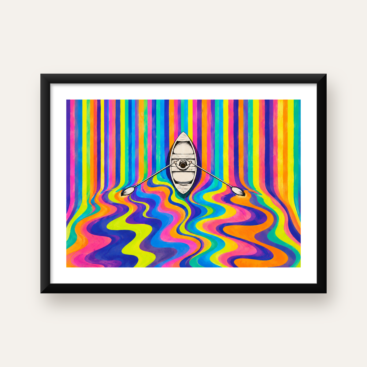 Renkli Soyut Kayık ve Dalgalar Modern Poster — Yatay baskı, beyaz paspartulu