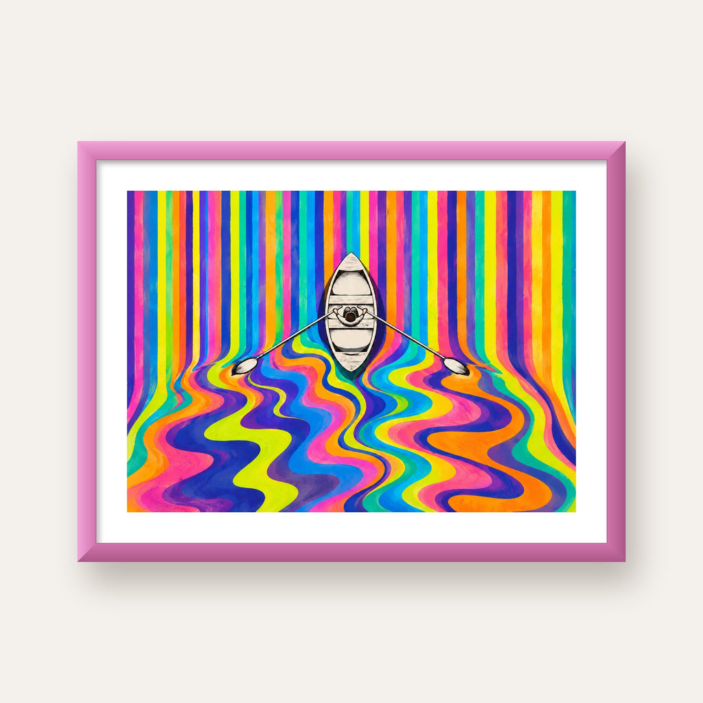 Renkli Soyut Kayık ve Dalgalar Modern Poster — pembe çerçeveli paspartulu