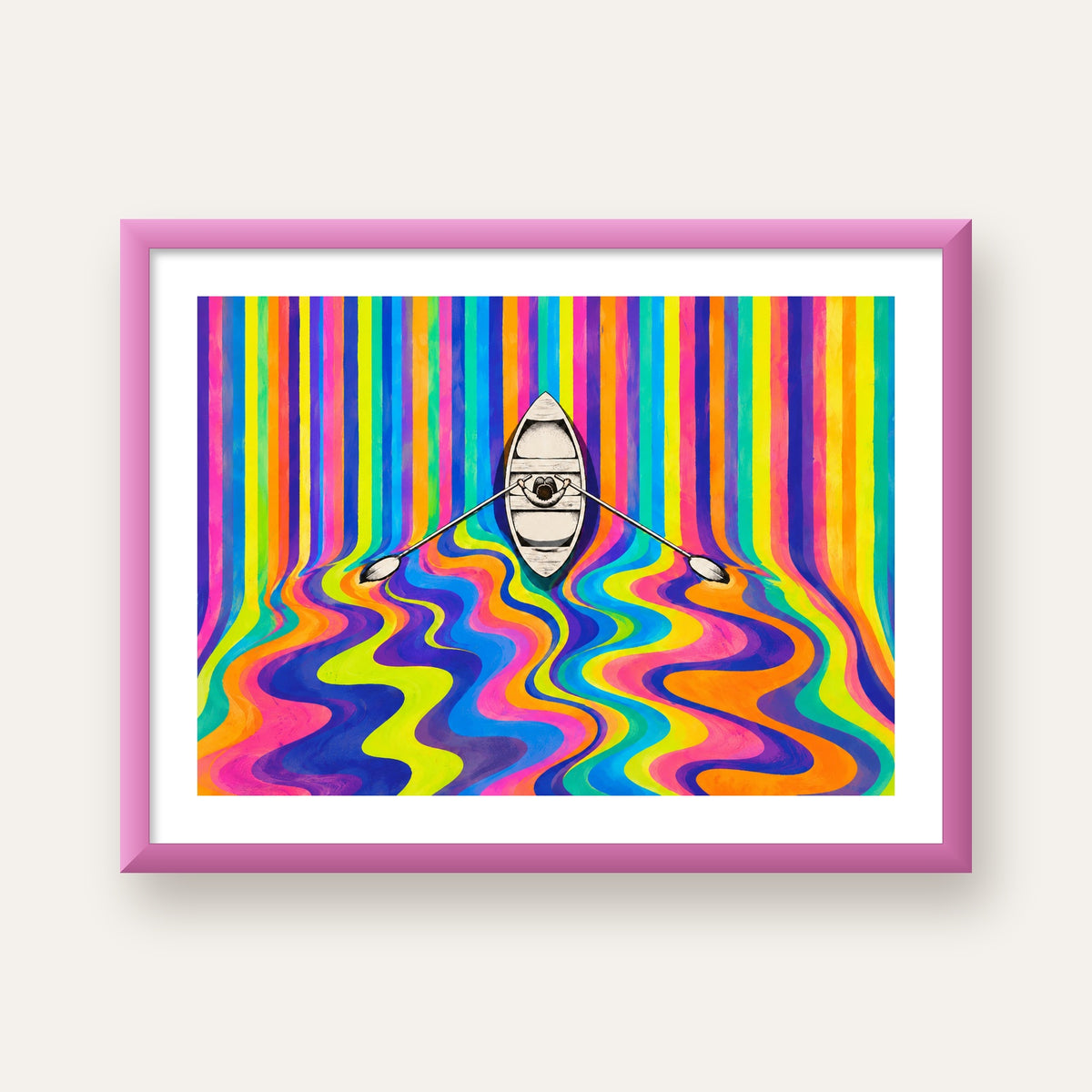 Renkli Soyut Kayık ve Dalgalar Modern Poster — pembe çerçeveli paspartulu