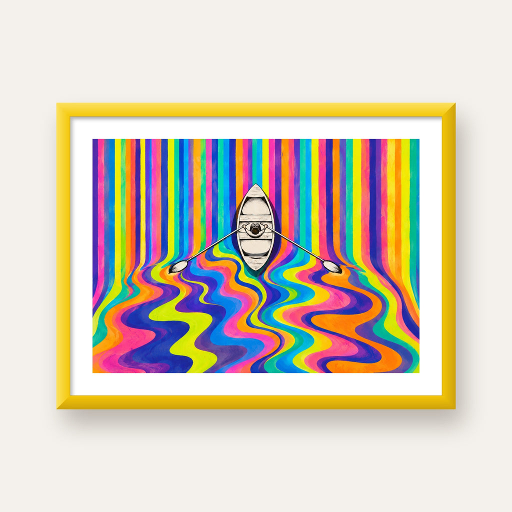 Renkli Soyut Kayık ve Dalgalar Modern Poster — sarı çerçeveli paspartulu