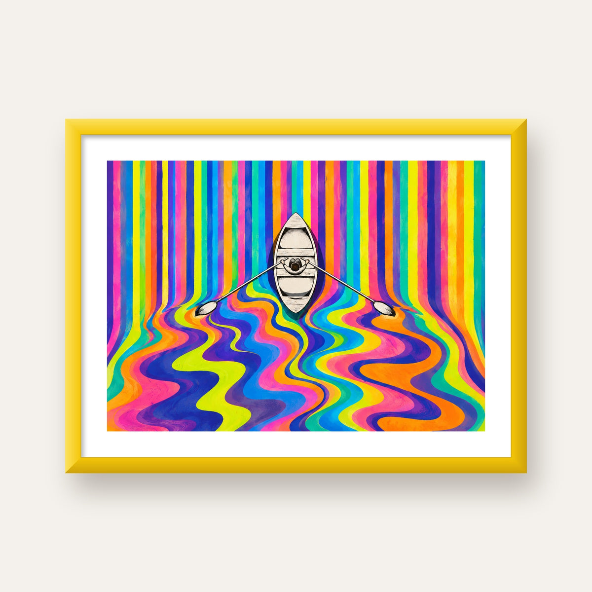 Renkli Soyut Kayık ve Dalgalar Modern Poster — sarı çerçeveli paspartulu