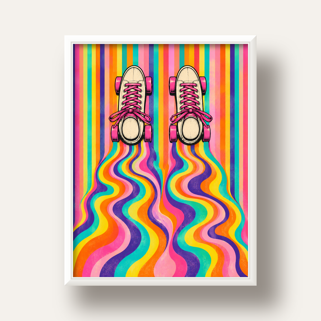 Retro Paten ve Renkli Çizgiler Dijital Poster Baskısı — beyaz derin çerçeveli